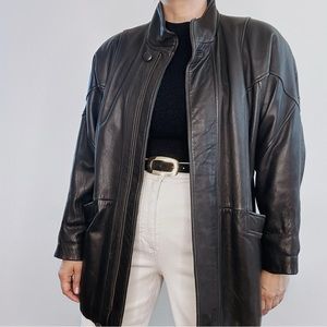 Vintage 80's Oversized Black Leather Jacket with Inset Shoulder Pads